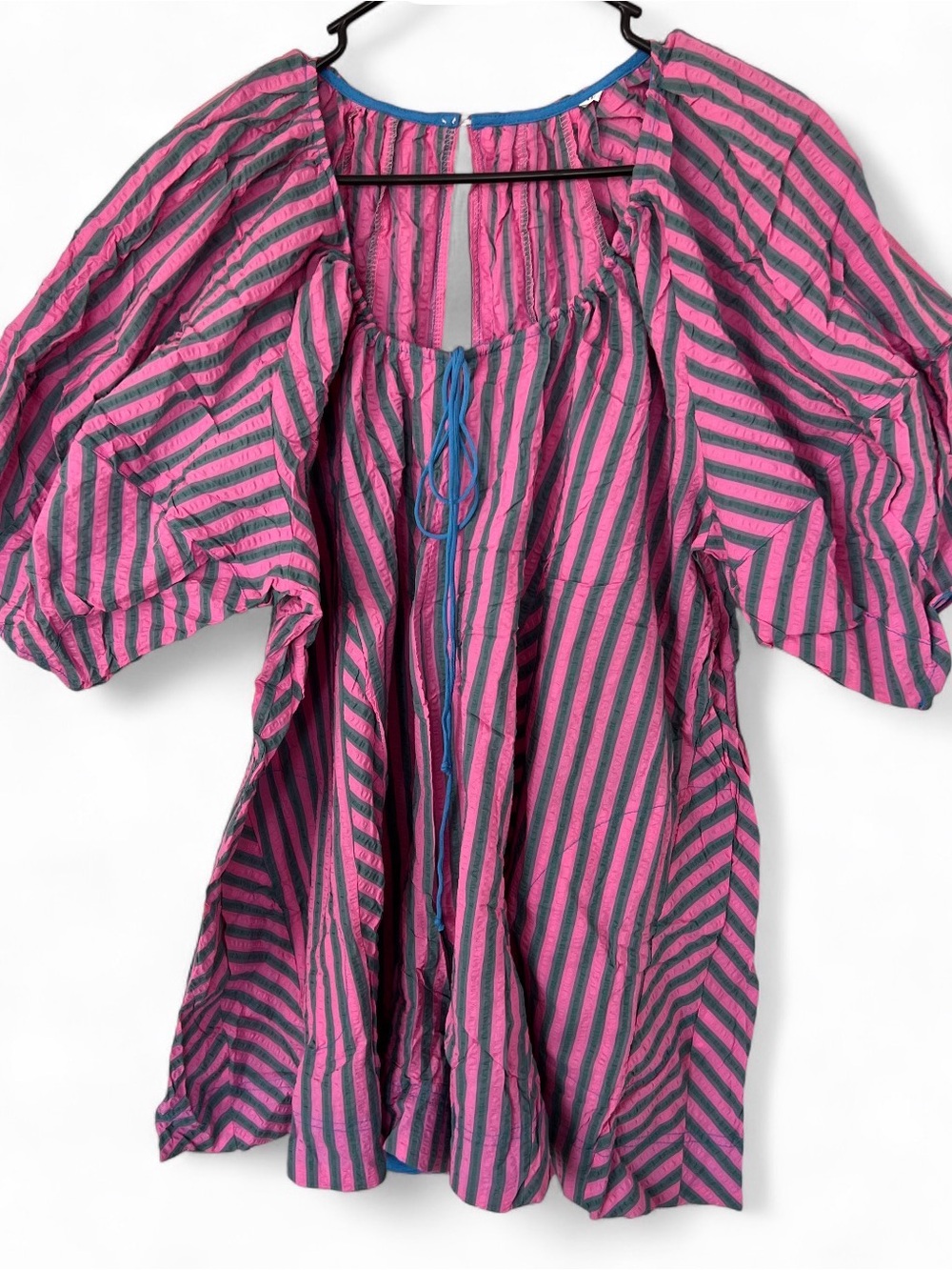 Women's Pink and Green Striped Peasant Textured Romper